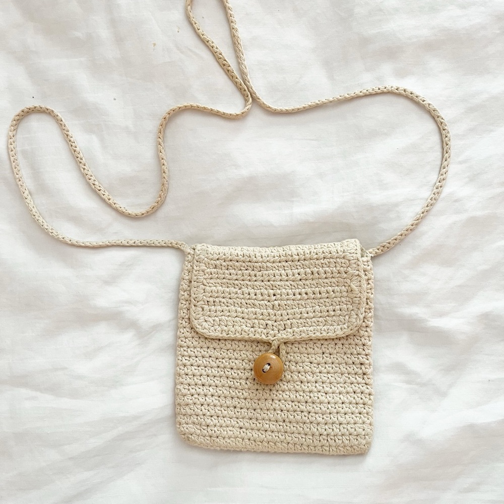 Vintage Cream Crochet Crossbody Bag with Button Cottagecore Boho Purse